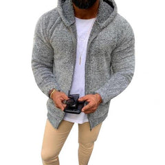 Men Autumn Winter Solid Color Long Sleeve Zipper Plush Hoodie Warm Jacket Coat Warm Keeping Zipper Closure Hooded Design Autumn