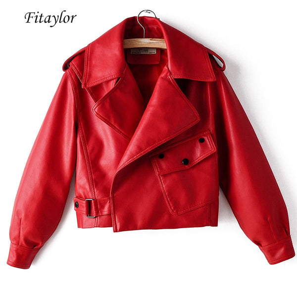 Fitaylor New Autumn Women Faux Leather Jacket Pu Motorcycle Biker Red Coat Turndown Collar Loose Streetwear Black Punk Outerwear