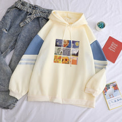 Autumn Winter Fleece Van Gogh Oil Painting Pullover Thick Loose Women Hoodies Hot Harajuku Contrast Color Sweatshirt Female