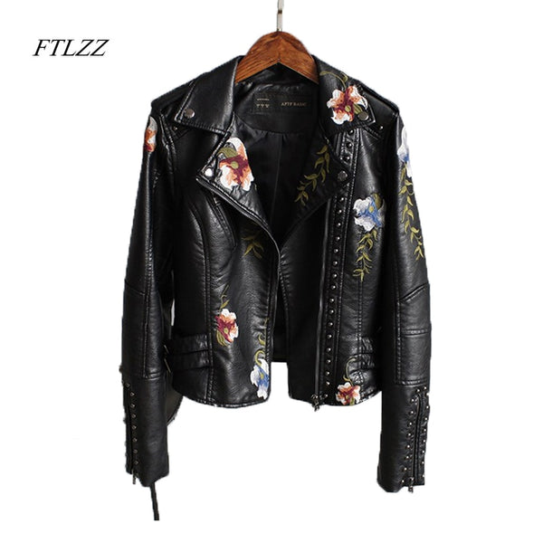 Ftlzz Women Floral Print Embroidery Faux Soft Leather Jacket Coat  Turn-down Collar Casual Pu Motorcycle Black Punk Outerwear