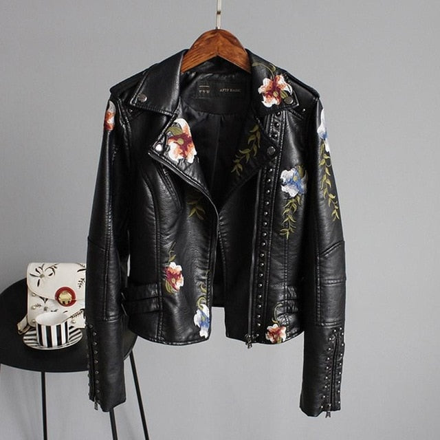 Ftlzz Women Floral Print Embroidery Faux Soft Leather Jacket Coat  Turn-down Collar Casual Pu Motorcycle Black Punk Outerwear