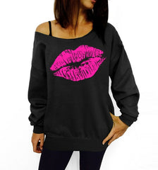 Plus Size 2015 Sexy Casual Female Pullovers Printed Lip Sweatshirts Fashion Off The Shoulder Women Long Sleeve Sweatshirts C6854