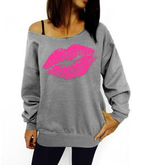 Plus Size 2015 Sexy Casual Female Pullovers Printed Lip Sweatshirts Fashion Off The Shoulder Women Long Sleeve Sweatshirts C6854