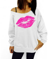 Plus Size 2015 Sexy Casual Female Pullovers Printed Lip Sweatshirts Fashion Off The Shoulder Women Long Sleeve Sweatshirts C6854