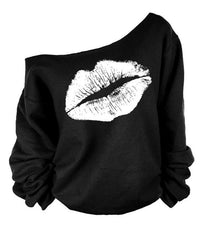 Plus Size 2015 Sexy Casual Female Pullovers Printed Lip Sweatshirts Fashion Off The Shoulder Women Long Sleeve Sweatshirts C6854