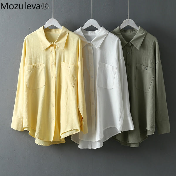 Mozuleva Basic White Shirts for Women Spring Summer Turn-down Collar Double Pockets Office Ladies Blouse Female Tops Blusas 2020