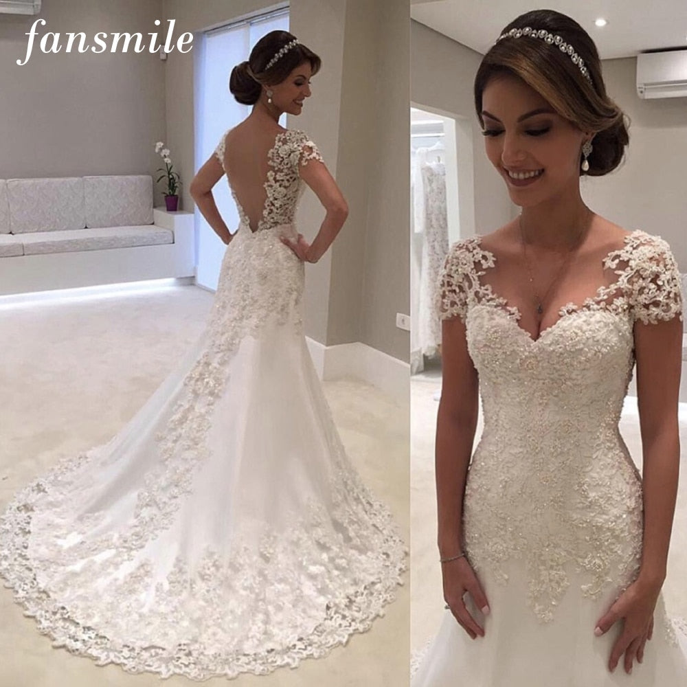 Fansmile Illusion Vestido De Noiva White Backless Lace Mermaid Wedding Dress 2020 Short Sleeve Wedding Gown Bride Dress FSM-453M