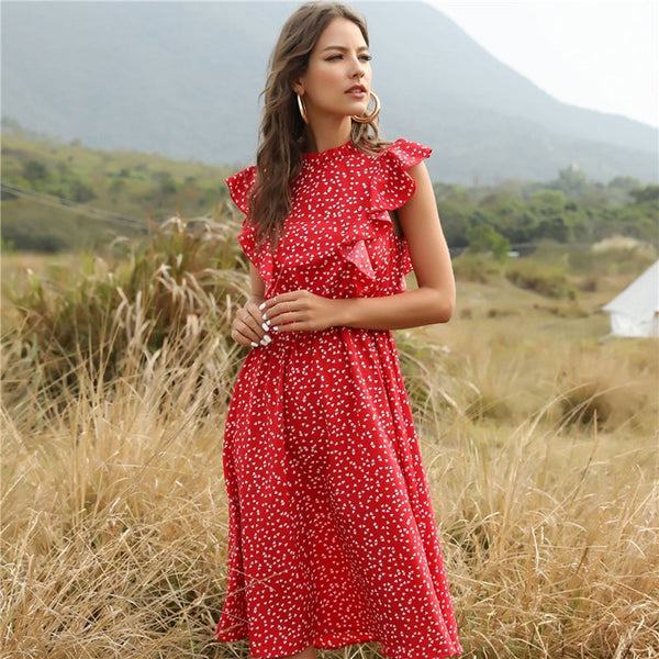 2020 New Summer Dot Print Dress Women Casual Butterfly Sleeve Ruffles Medium Long Chiffon Dress