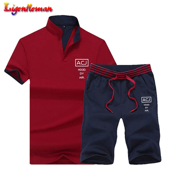 Summer Men Sportsuits Set 2019 Mens Stand Collar Fashion 2 Pieces T-shirt Shorts Tracksuit Brand Fitness Suits 2PC Top Short Set