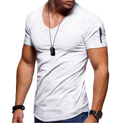 2020 new men's V-neck T-shirt fitness bodybuilding T-shirt high street summer short-sleeved zipper casual cotton top