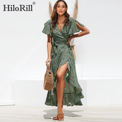 HiloRill Summer Beach Maxi Dress Women Floral Print Boho Long Dress Ruffles Wrap Casual V-Neck Split Sexy Party Dress Robe Femme