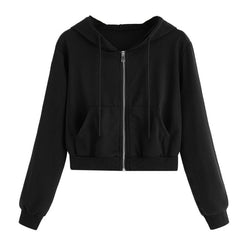 Fitshinling Zip-up autumn winter women hoodies pockets slim crop jacket female clothes drawstring white sexy hoody cotton coats