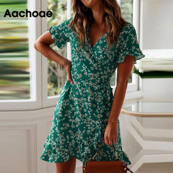 Aachoae Women Dresses Summer 2020 Sexy V Neck Floral Print Boho Beach Dress Ruffle Short Sleeve A Line Mini Dress Sundress Robe