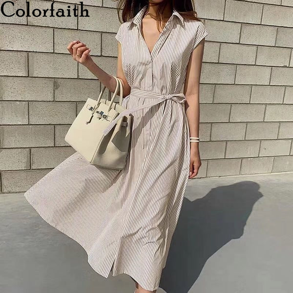 Colorfaith New 2020 Women Summer Shirt Dress Solid Multi Colors Casual Sleeveless Striped Oversize Lace Up Long Dress DR1970