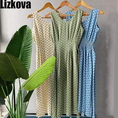 Lizkova Summer  Sleeveless Dot Dress Women Green V-neck Tunic Bandage Elegant Dress 2020 Plus Size Tank Dress