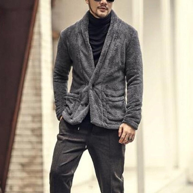 Men's  Fashion Business Jacket gentleman Winter Wool Blends Coat Casual Long Sleeve V Neck Warm Outwear Fleece Cardigan Clothes