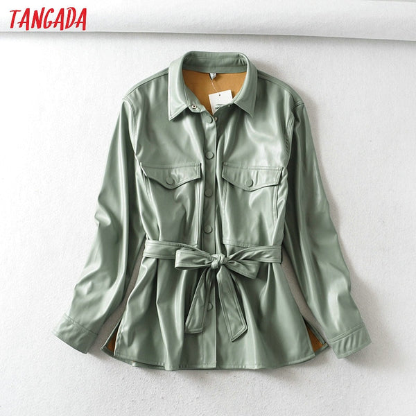 Tangada Women light green faux leather jacket coat with beltLadies Long Sleeve loose oversize boy friend Coat 6A125