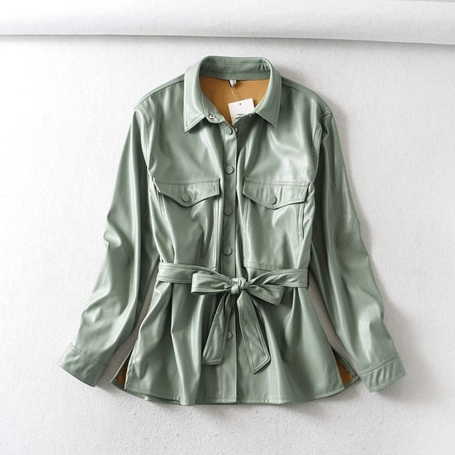 Tangada Women light green faux leather jacket coat with beltLadies Long Sleeve loose oversize boy friend Coat 6A125