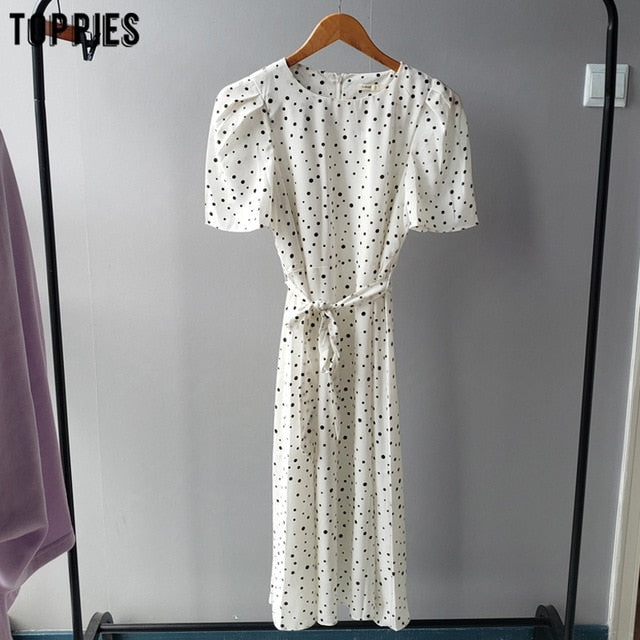 toppies summer white polka dot chiffon dress womens midi dress short sleeve slim waist vestidos mujer 2020