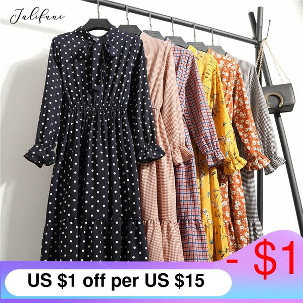 Women Casual Autumn Dress Lady Korean Style Vintage Floral Printed Chiffon Shirt Dress Long Sleeve Bow Midi Summer Dress Vestido