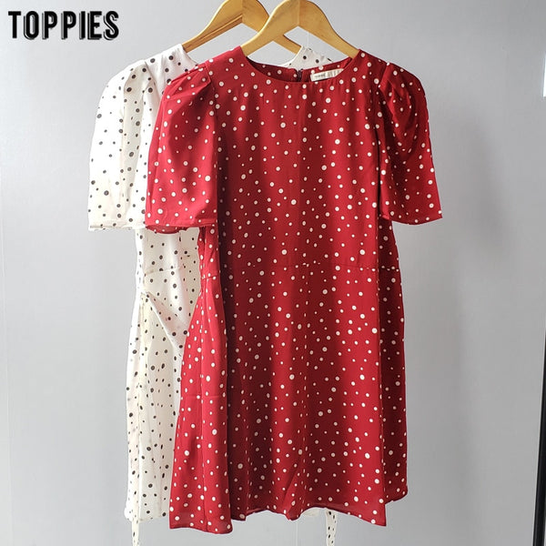 toppies polka dot mini dress womens summer dress short sleeve lace-up waist slim vestidos 2020