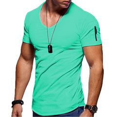 2020 new men's V-neck T-shirt fitness bodybuilding T-shirt high street summer short-sleeved zipper casual cotton top