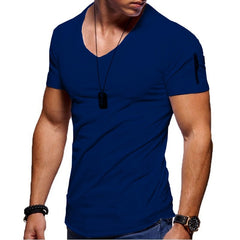 2020 new men's V-neck T-shirt fitness bodybuilding T-shirt high street summer short-sleeved zipper casual cotton top